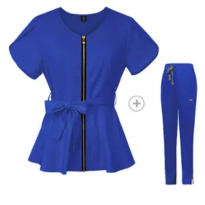 2023 New fashion Hospital Uniform Medical infermieristica Zipper Pants Royal Blue Medical Uniforms Womens Scrub Set con cintura di cravatta