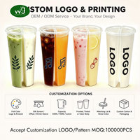 Gobelet transparent en PP à deux compartiments avec logo personnalisé VVG, contenant pour deux boissons, couvercle imprimé UV, pour bubble tea et jus de marque.