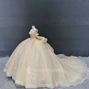 Robe de bal de Quinceañera princesse couleur bonbon champagne, style princesse, avec broderie en dentelle et sequins, longueur ras du sol, traîne chapelle - Product Image 5
