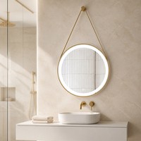 Miroir de salle de bain LED rond avec cadre en aluminium, miroir mural éclairé tactile à intensité variable avec sangle de suspension