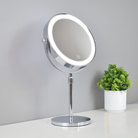 Desktop Double-Sided Magnifying Mirror with Round Metal Frame & LED Telescopic Stand Height Adjustable Vanity Mirror for Travel