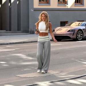<span class=keywords><strong>Pantalon</strong></span> évasé décontracté <span class=keywords><strong>taille</strong></span> <span class=keywords><strong>basse</strong></span> en polyester pour <span class=keywords><strong>femme</strong></span> avec bordure à volants – Couleurs unies, coupe ample, longueur intégrale - Product Image 2