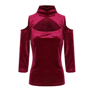 Custom Burgundy Vintage Cold Shoulder Sleeve Velvet Blouse Tops For Women Elegant Sexy