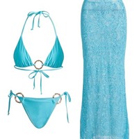 Ensemble de maillot de bain 3 pièces pour femme grande taille, couleur unie, avec détails anneaux, haut triangle, short de bikini coupe coquine, décolleté dos nu, imprimé délavé