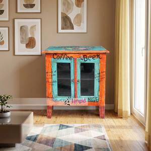 Reclaimed Wooden <b>Poster</b> Hand Painted Kitchen Cabinet Living Room Storage Cabinet with 2Glass <b>Door</b> Handcrafted For Hotel Interior - Product Image 2