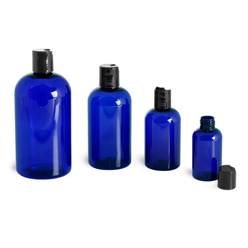 custom Cobalt blue boston round cosmetic bottle with dispenser cap 60ml 120ml 250ml 360ml