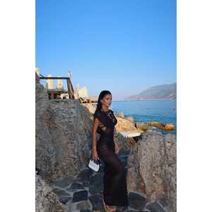 Vestido Básico Negro Estampado Personalizado, Estilo Vintage Elegante, Decoración Fruncida, Talla XL, Corte Imperio, para Primavera, Verano e Invierno - Product Image 1