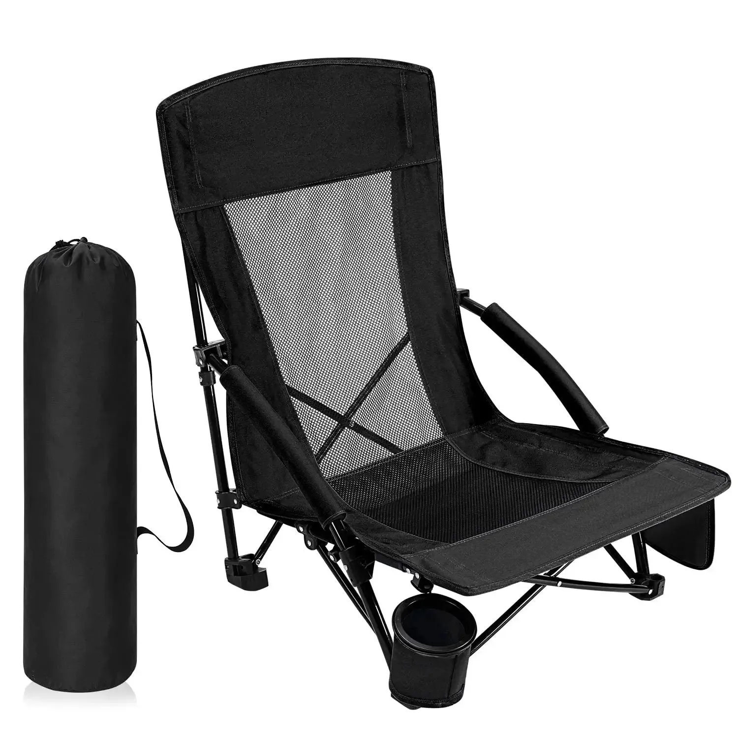 야외 비치 로우 프로파일 메쉬 다시 캠핑 접는 의자 성인 컵 홀더 및 쿨러 및 전화 가방 지원 300 lbs