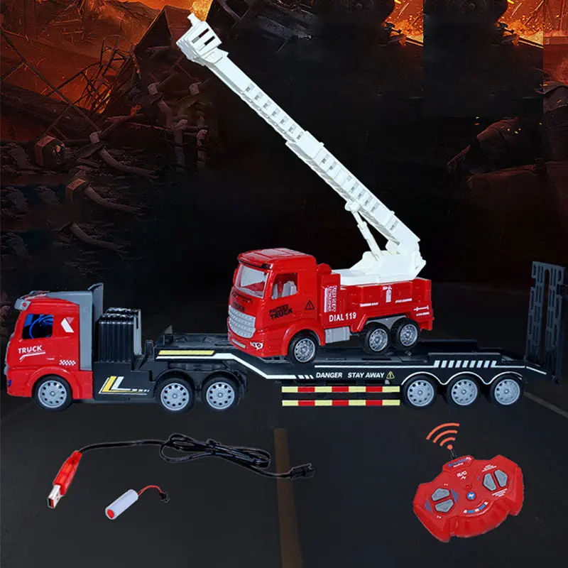 Rescue academy road rescue team trailer truck ladder fire trucks extending rescue fire engine toys for boys and girls kid rc car