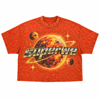 Kaos Crop Berat Bahan Katun OEM dengan Hiasan Rhinestone dan Efek Acid Wash, Polos untuk Kustomisasi Logo Merek, Sablon DTG Grafis, Ukuran Oversize