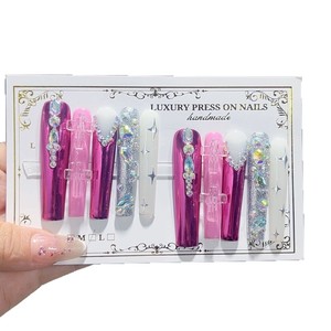 Faux ongles à presser faits main, longs, style ballet, avec 50 petits strass étincelants et brillants, 10 pièces - Product Image 5