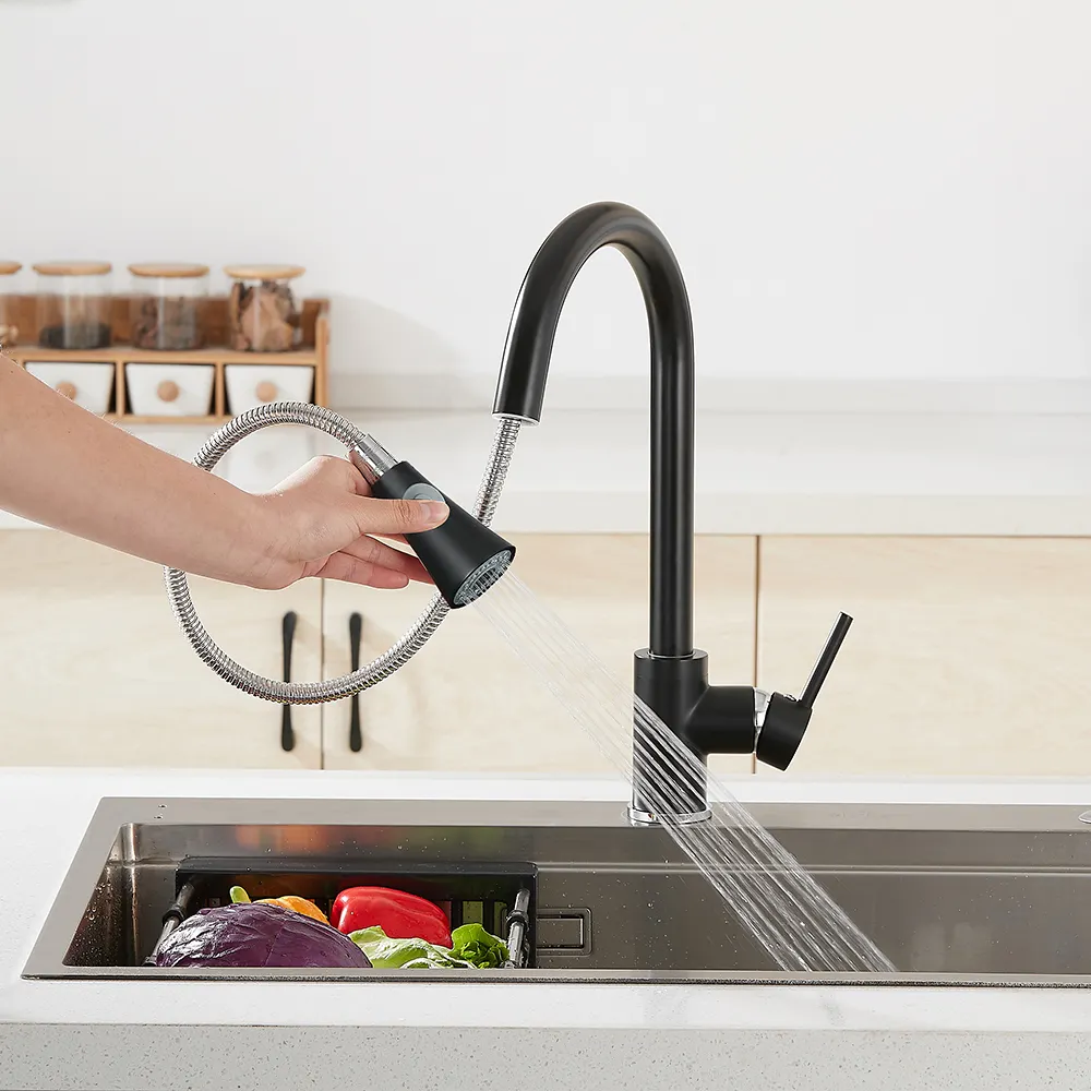 Moderno a prezzi accessibili di lusso a maniglia singola in ottone nero rubinetto da cucina rubinetto lavello da cucina con spruzzatore estraibile