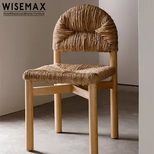 WISEMAX الأثاث أثاث غرفة طعام حديثة خمر خشب متين الطعام كرسي مع المنسوجة الاندفاع مقعد الروطان الخشب كرسي الباحة