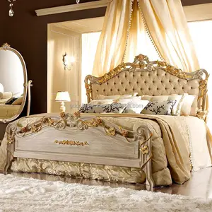 Rococo – lit blanc de luxe en bois sculpté, tissu européen Royal, meubles de chambre à coucher italien de luxe, sculpture en bois massif