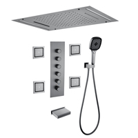 Système de douche mural encastré moderne 5 fonctions avec pommeau pluie, bec cascade, jets latéraux et mitigeur thermostatique