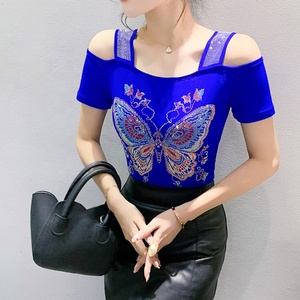 Tops y Camisetas para Mujer con Estampado de Múltiples Patrones, Hombros Descubiertos, Pedrería, Lentejuelas <span class=keywords><strong>Brillantes</strong></span>, Ropa para Discoteca, Camisetas de Manga Corta para Fiesta - Product Image 3