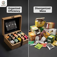 Boîte de rangement pour sachets de thé en bois gravé, écologique, de luxe, Landy, 24 compartiments, couvercle transparent, grande capacité