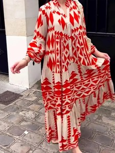 Robes Longues Dames 2025 Décontractées Streetwear Vintage Géométriques Col en V Style Bohème Plage Amples Élégantes Maxi Robes d'Été - Product Image 5