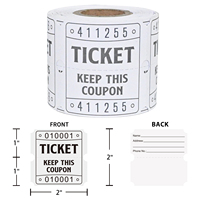 Rouleaux de billets perforés blancs 2x2 pouces, billets de tombola numérotés à double brouillon, papier épais 120g, dos ligné et inscriptible, 250 pièces par rouleau