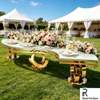 Nouvelle table de banquet de luxe en acier inoxydable doré en forme de S, avec plateau en verre haut de gamme et base ajourée, pour mariage