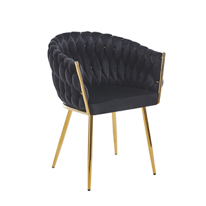 Fauteuil de salle à manger de luxe moderne en velours noir avec grand accoudoir en éponge tressée et pieds en métal chromé doré pour usage hôtelier - Product Image 1