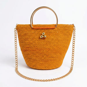 Stylish Round Bottom Raffia Woven Straw Bucket <b>Handbag</b> with Zipper Closure Two Straps & <b>Chain</b> Strap for Beach Vacation Daily Use - Product Image 2