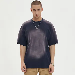 トレンディなブランドの男性用綿100% Tシャツワックスグラデーションスポーツジャージー230gOネックプレーン染めハイストリートスタイル