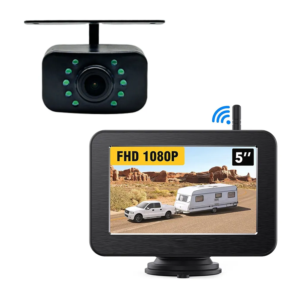 E-Too Câmera reversa sem fio para carro AHD 1080P com tela de 5 polegadas IP68 à prova d'água câmera de backup para vista traseira do carro sem fio