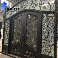 Porte double en fer forgé robuste avec verre intimité, accents dorés et facile à nettoyer