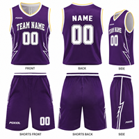 Maillot de basketball personnalisé violet à col en V avec motif flamme, entièrement sublimé, équipement sportif personnalisé pour ligue locale USA