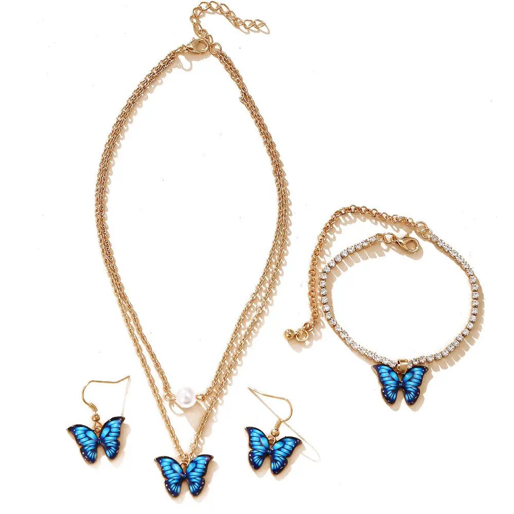Hot Sale Butterfly Necklace Bracelet Earring Jewelry 3-Piece Fashion Necklace Jewelry