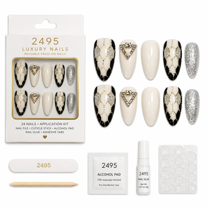Uñas Postizas de Lujo con Diseño de Almendras, Cadena de Diamantes de Imitación 3D, Brillo, Cobertura Completa para Uñas de los Dedos - Product Image 4