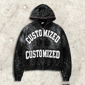 เสื้อฮู้ดดี้แบบมีซิป แต่งเพชร กลิตเตอร์ ปักลายซันเฟด สไตล์วินเทจ ทำสีซีดแบบย้อนยุค ล้างสีแบบแอซิดวอช ประดับคริสตัล - Product Image 2