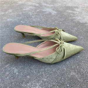 Stylish Pointy <b>Bow</b> Mules Women's Half Covered Low Heel <b>Shoes</b> Ladies Suede Kitten Heels Half-Drag Party Fashion Sexy Sandals - Product Image 3