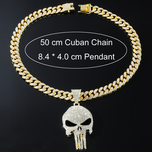<span class=keywords><strong>Cadena</strong></span> Cubana de Acero Inoxidable Chapada en Oro con Circonitas |   Collar con Colgante de Calavera Punisher para Mujer, Estilo Hip Hop, Cultura Rap - Product Image 3