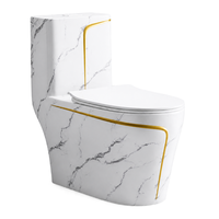 WC monobloc en marbre blanc émaillé avec bandes décoratives dorées, WC à double chasse siphonique pour salle de bain moderne
