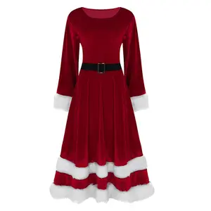 女性圣诞老人夫人服装加尺码圣诞老人天鹅绒长袖连衣裙带腰带女士角色扮演套装