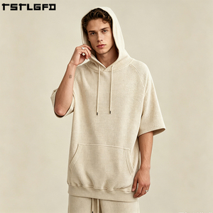 Cut And Sew Waffle Texture <b>Hoodie</b> <b>Short</b> <b>Sleeve</b> Raglan Heavyweight Vintage Baggy Oversized Streetwear Pullover Wholesale - Product Image 1