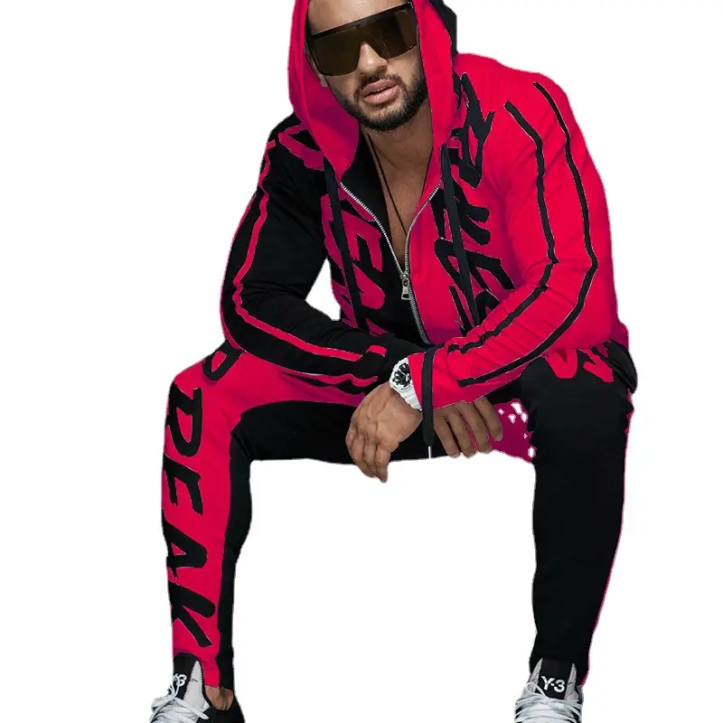 Мужская Уличная одежда в стиле хип-хоп с буквенным принтом, цветная спортивная одежда, толстовка на молнии, спортивные штаны, мужской спортивный костюм