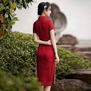 Robe de soirée rouge de couleur vin, cheongsam traditionnel chinois, vêtements pour filles pour l'automne, robes de soirée rouges de luxe, qipao élégant pour femmes - Product Image 6