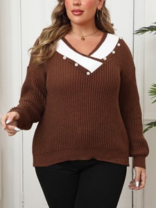 Maglione Oversize da <span class=keywords><strong>Donna</strong></span> con Perle Finte, Stile Europeo e Americano, Scollo a V Profondo, Cuciture a Contrasto - Product Image 3