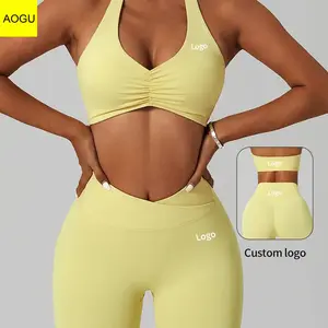 Alta Qualidade Scrunch Sports Bra Ginásio Fitness Leggings Mulheres Yoga Set e Cross Over Cintura 2 Peça Workout Sets Aceitar Logotipo Personalizado