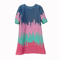 Robe plissée style Miyake, taille unique, à manches courtes, très extensible, ornée de perles, motif color block et motif goutte à goutte, vente en gros