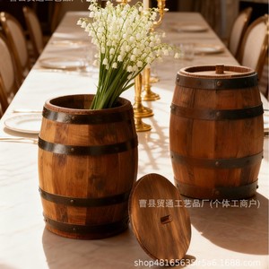 Vase en bois en forme de baril à vin avec couvercle, seau de rangement rond pour une utilisation décorative à la maison - Product Image 4