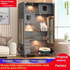 Mehrstöckiges Luxus-Katzenhaus aus Massivholz, umweltfreundlich und atmungsaktiv, Tiertransportbox mit Knopf-Upgrade, moderner Katzenkäfig Villa für Hunde, Glas - Product Image 5