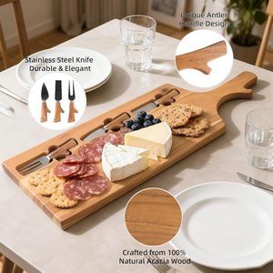 Acacia Wood <b>Cheese</b> Board <b>Set</b> Double-sided Cutting Board With <b>Knife</b> And Fork Solid Wood For Kitchen Use - Product Image 3