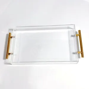 Yageli Wholesales Custom Clear Acrylic Serving Tray with Gold Metal Handles Transparent Acrylic Tray for display only