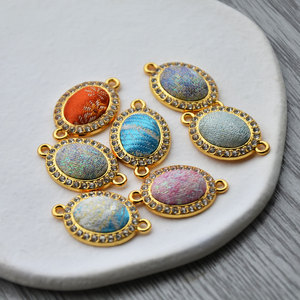 Oval Brocade Pendant <b>Copper</b> Plated 18k Gold Colorful Fabric Inlay For <b>Bracelet</b> Making Jewelry Findings Components - Product Image 2