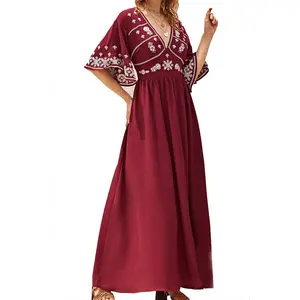 Işlemeli v yaka flare elbise anne giyim son tasarım kısa kollu rahat elbiseler maxi standart STQ-10 2023