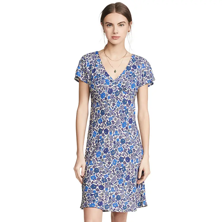 Free shipping hot sale womens elegant short sleeve dresses supplier knee length casual floral print V-neck dress